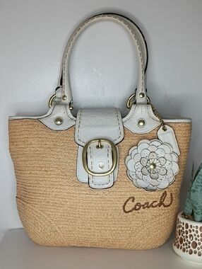 Coach Bleecker Natural Straw Tote Bag with White Leather Trim and Floral Charm